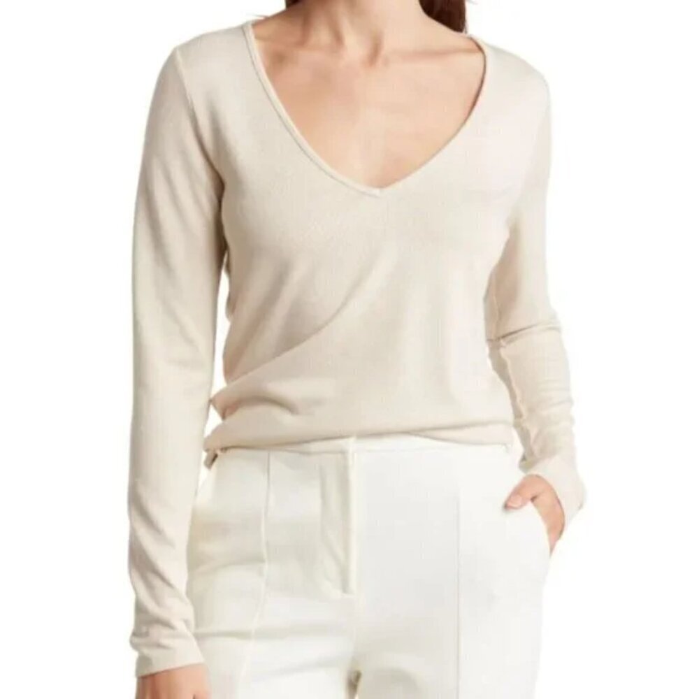 Vince V-Neck Long Sleeve Knit Top Cream Beige Women's Size Large